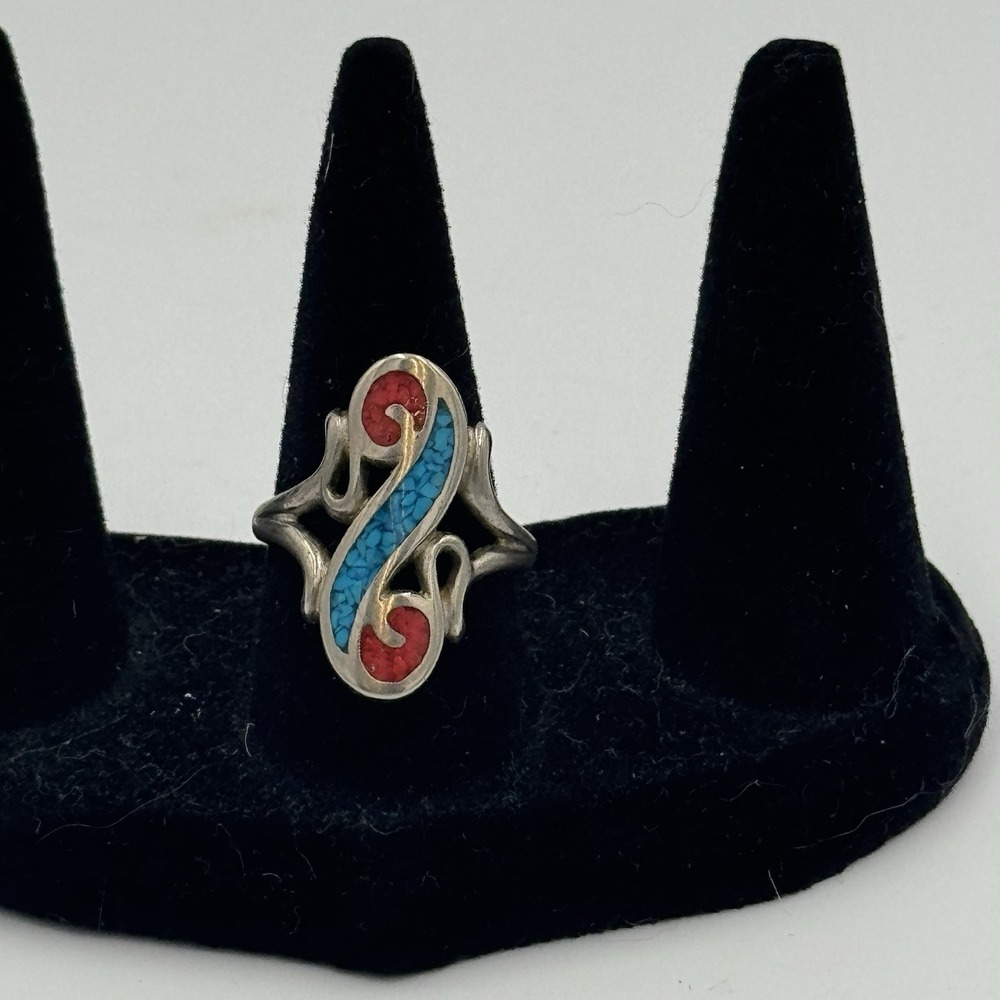 Vintage Silver Turquoise & Coral Inlay Ring Size 7
